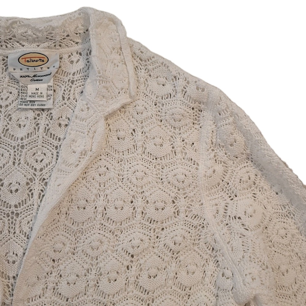 Talbots Sweater Women's Petite M White Crochet Cardigan 100% Mercerized Cotton